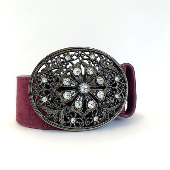 Suede Belt w Jeweled Filigree Buckle Aubergine - Picture 6 of 6